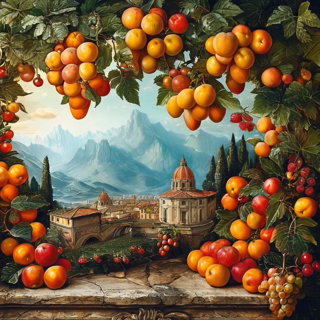 strawberry garden with beautiful mountain landscape background in the style of\ Michelangelo Buonarroti