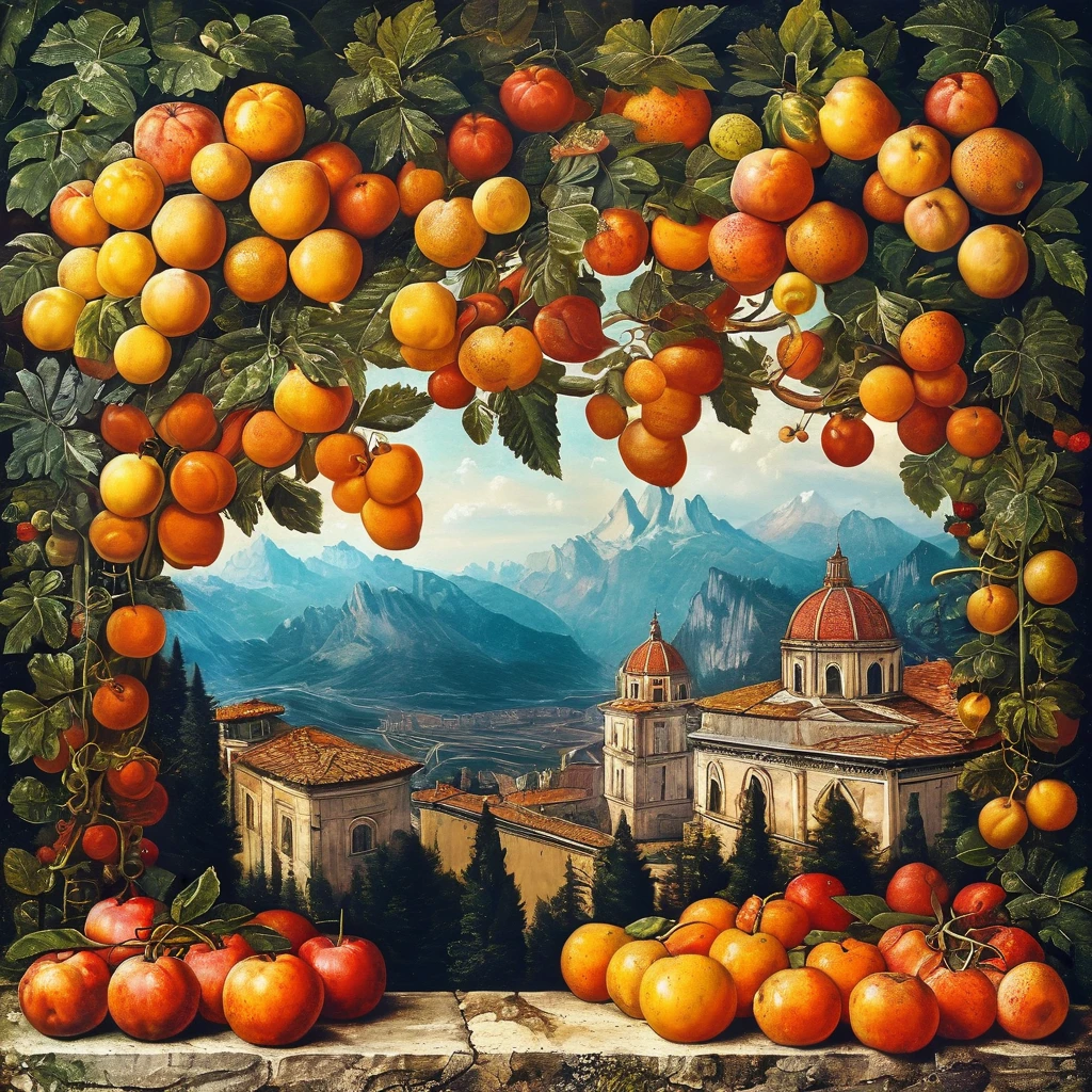 strawberry garden with beautiful mountain landscape background in the style of\ Michelangelo Buonarroti