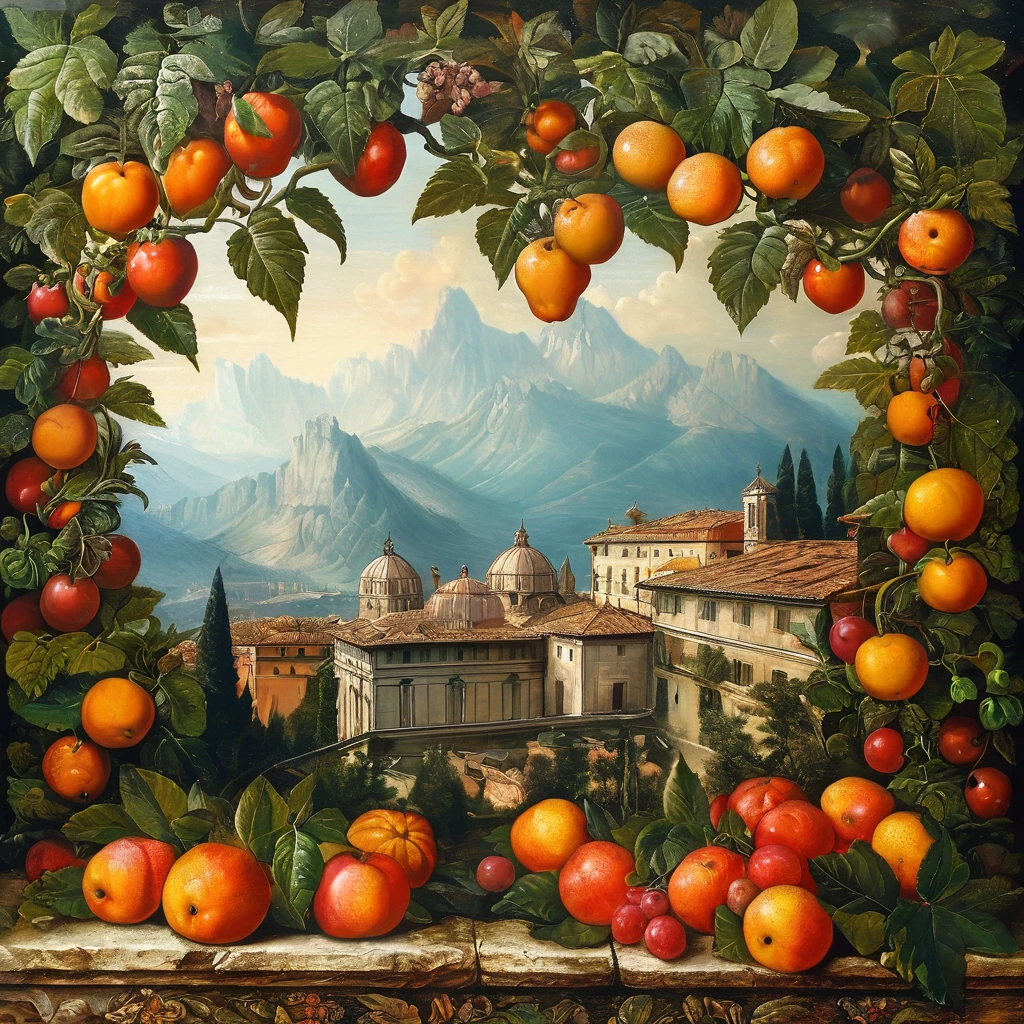 strawberry garden with beautiful mountain landscape background in the style of\ Michelangelo Buonarroti