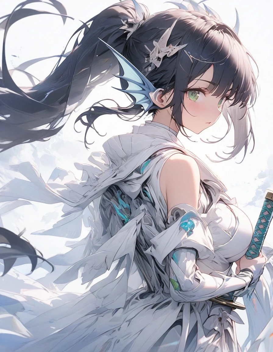 ,snap shot,red katana,fighting stance,(holding huge katana:1.3),samurai armor,,,{{{Huge breasts}}},,,,,,long skirt, brooches,Blue brooch,,(dark Blue hair:1.25),gradient_hair,( Green eyes:1.25),hair_ornament detached ,,Very Long Ponytail, poneyTail,, (head fins:1.25),、,iaidow,weapon, katana, holding sword, ready to draw, sheathed, unsheathing, scabbard,(Masterpiece, best quality), ultra-detailed, full-bodied cyber punk magical girl, hold on high tech energy KATANA,,cyber outfit, cyber hi-tech boots, high resolution, digital painting, 8k high resolution, trending art station, white background, whole body.from behind,back,