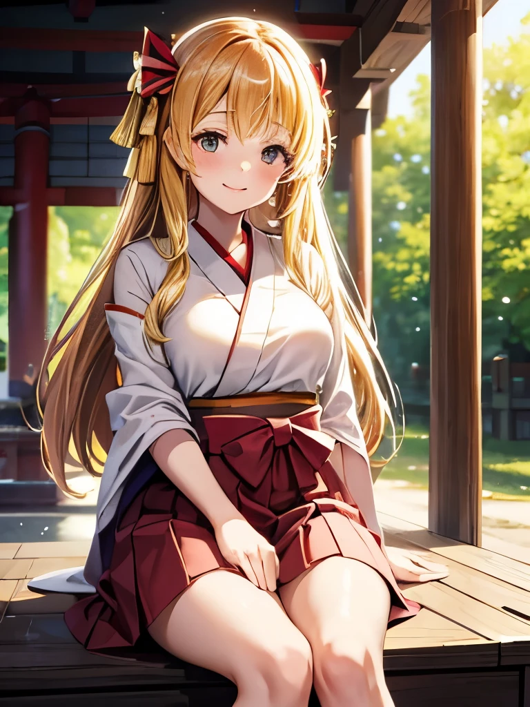 masterpiece, Highest quality, High resolution, One girl, Honoka, Shrine maiden, Hakama skirt, Sitting, shrine, smile