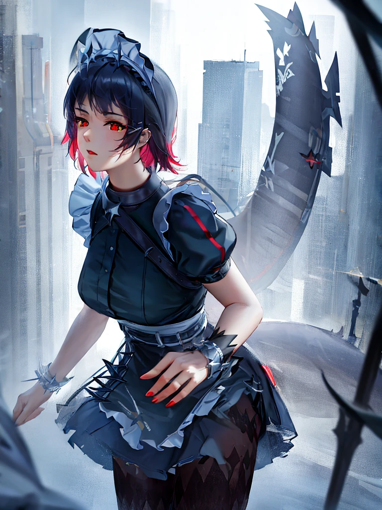 ellenjoe, ellen joe, black hair, colored inner hair, multicolored hair, (red eyes:1.3), red hair, short hair, two-tone hair, BREAK bapron, black pantyhose, black shirt, black skirt, ear piercing, fins, fish tail, maid, maid apron, maid headdress, pantyhose, piercing, puffy short sleeves, puffy sleeves, shark girl, shark tail, shirt, short sleeves, skirt, tail, two-tone hair, wrist cuffs, BREAK outdoors, city, sky, clouds, sun, buildings, crowd, people, alley,
BREAK looking at viewer, (cowboy shot:1.5),
BREAK (masterpiece:1.2), best quality, high resolution, unity 8k wallpaper, (illustration:0.8), (beautiful detailed eyes:1.6), extremely detailed face, perfect lighting, extremely detailed CG, (perfect hands, perfect ???????),