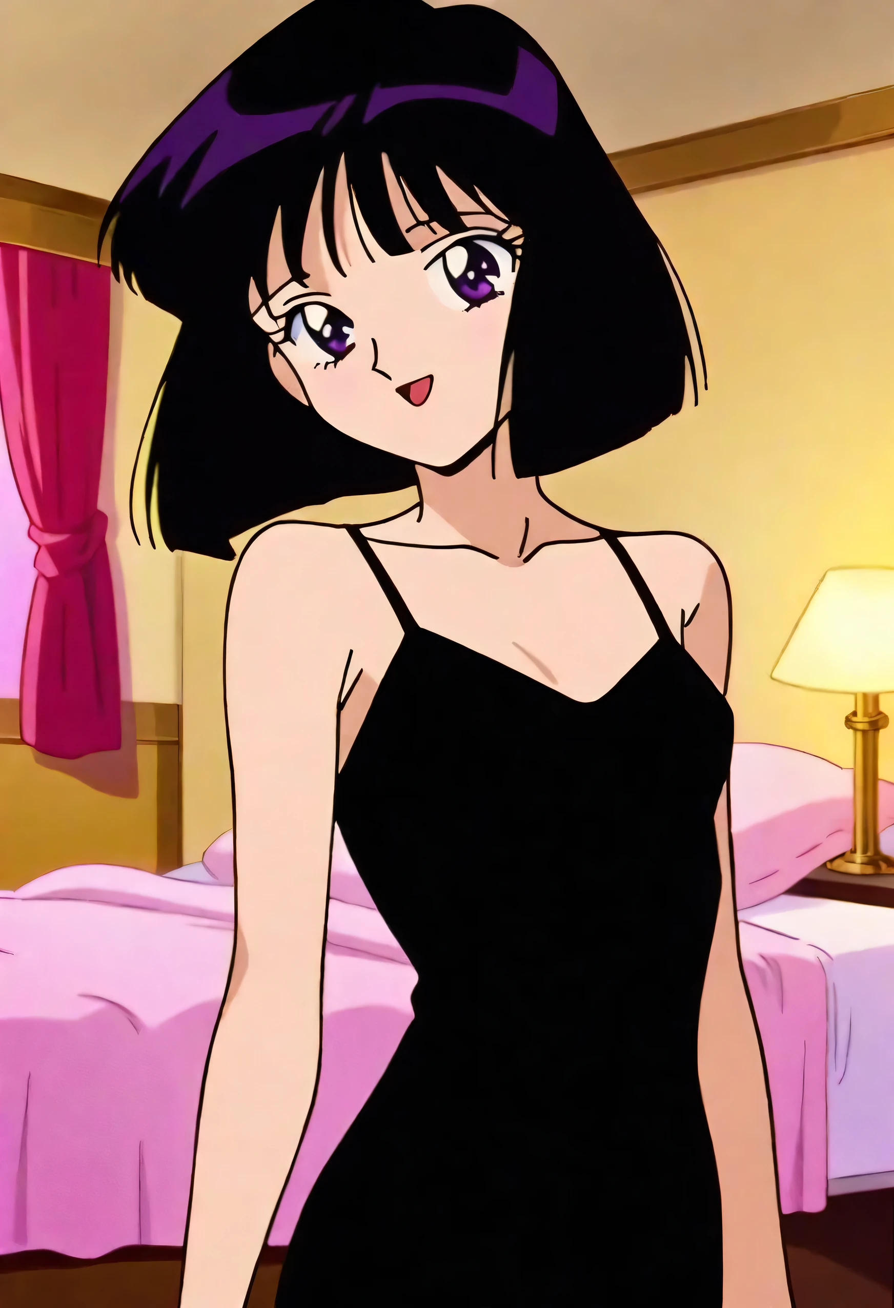 1990s \(style\), Best quality, masterpiece, Teenager, Hotaru Tomoe, black bob hair, purple eyes, Smile, Bare Neck, Bare Arms, Bare Shoulders, red dress, taut dress, spaghetti strap red skin tight dress, sleeveless, medium breast, standing up, right hand on hip, left hand on knee, blush, looking at viewer, indoor, in the center, cleavage