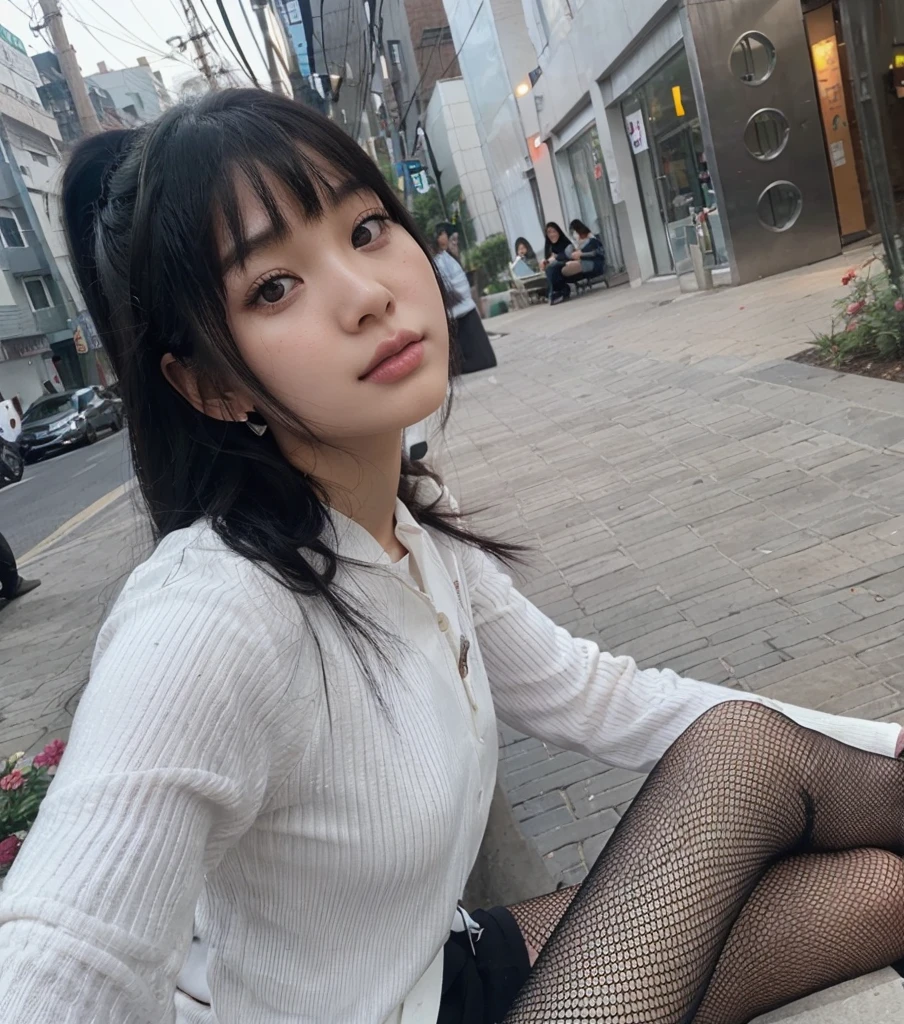 There is a woman sitting on a sidewalk taking a selfie, lalisa manobal, A woman young, she has long hair, the hime cut, with long black hair, with black hair, shiny hair, long shiny black hair, putridity, she has black hair, Retrato de Asuka Langley Soryu, lalisa manobal, clear and beautiful skin, pale, delicate asian, Ulzzang kindness, long hair with bangs