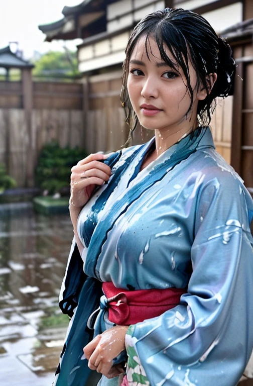 最high quality、high quality、Best image quality、8k、最High resolution、High resolution、最high quality、masterpiece、RAW Photos、whole body photos、Detailed and realistic human body、Detailed and realistic skin、Realistic face in every detail、Detailed and realistic eyes、Detailed and realistic lips、Detailed and realistic teeth、Detailed and realistic ears、Detailed and realistic hair、Realistic reproduction of every detail、((Beautiful Hands(thumb１、reference４))、Realistic feet down to the last detail、((Beautiful Japanese Girl))、hijab, (Japanese Model)、 12 year old beautiful girl))、((whole body))、((Slim and perfect figure))、(Flat chest、Small breasts)、(whole body glossy skin、Fair skin)、Mini Chinese Dresini Kimono、Mini Ninja Costumes、Japanese tradition、Japanese garden、Rain clouds spreading across the sky、Heavy rain weather、Pouring rain、A storm of wind and rain、((Colorful floral pattern(See-through kimono dress))、((Pouring rainの中でリラックス(Poses to make your thighs look beautiful))、((Soaked skin from head to toe))、((Kimono soaked in the rain(Rain dripping from the clothes))、((Her body lines are clearly visible through her wet kimono.))