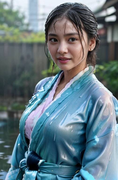 songkran,Wet city road ,drenched, Dripping, Wet Face,Wet clothes, Wet Skin, Wet Hair,A young woman with a cute face like an idol,((Cleavage)),(Maid clothes),(((A blouse that melts when wet))),(((The rain water melts her blouse and reveals her breasts))),RAW Photos,Genuine,Genuine,High resolution,RAW Photos,masterpiece, beautiful