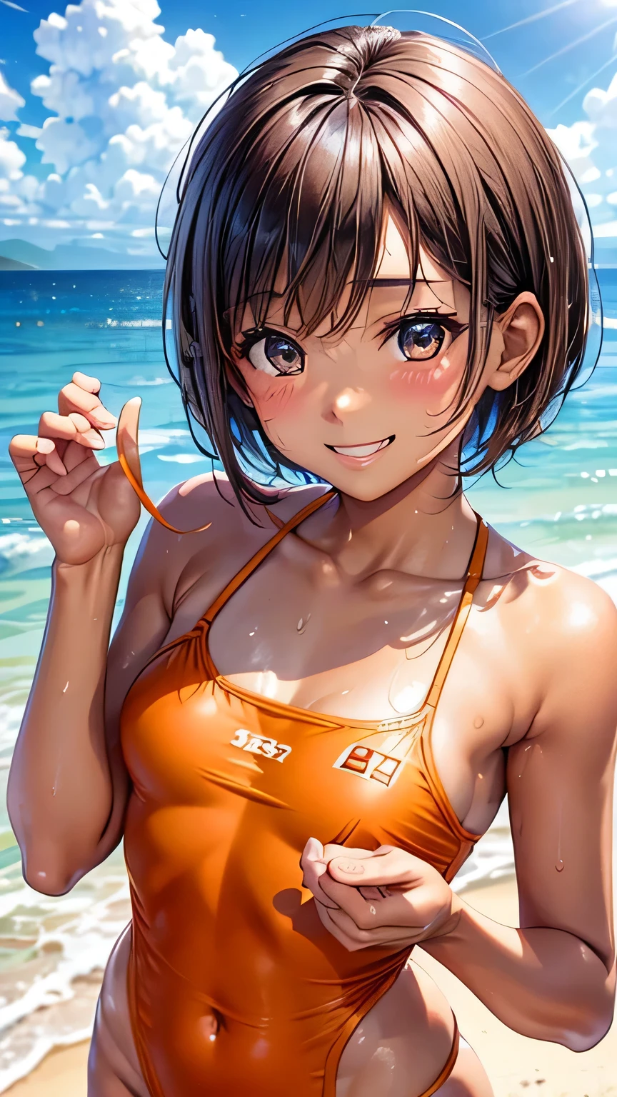 highest quality、Realistic、zoom、Chestnut Hair、Gray Eyes、short hair、Orange swimsuit、Tanned black body、Tan、Dark Skin、slender、Small breasts、Sweat、smile、Ocean、