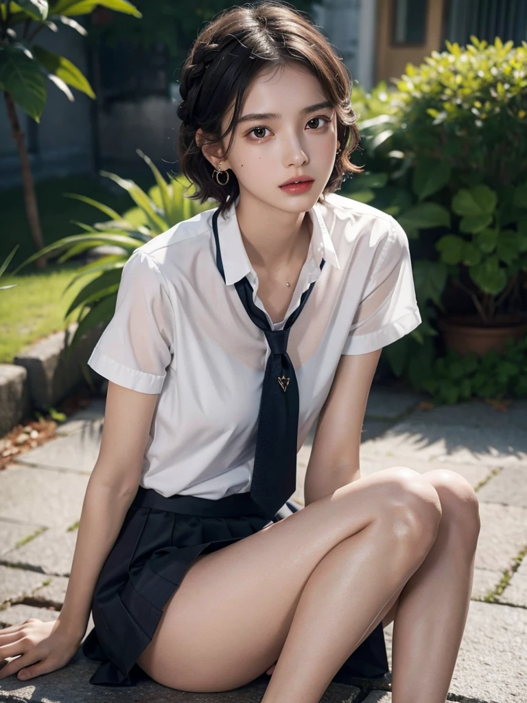 absurdres, RAW photo, extremely delicate and beautiful, masterpiece, Best Quality, ultra high resolution, 32k, hyperrealistic, ultra-detailed, perfect anatomy, perfect figure, super Detailed skin, 20 years old, very Slim body, narrow waist, very small head, very small face, delicate facial features, tearful mole, earring, thin legs, bare legs, very huge round breasts, short medium hair, braid hair, wavy hair, wet clothes, school_uniform, short skirt, bare foots,