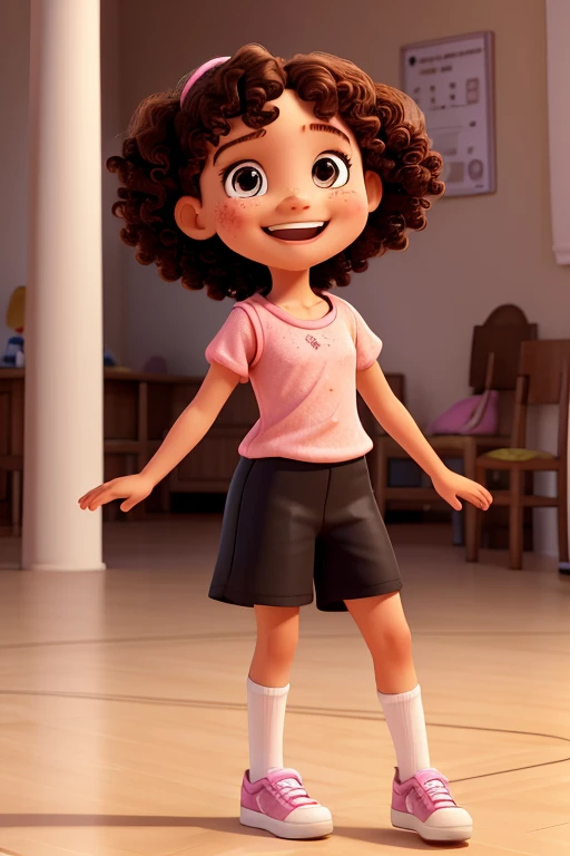 a photo of dodora carinss, a 7 year old girl, happy and smiling, white with freckles, with shoulder-length brown curly hair, brown eyes, pink blouse, black pants, white sneakers, skateboarding on the court