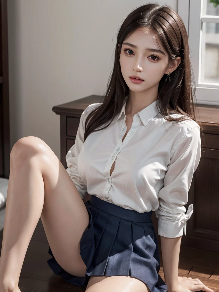 absurdres, RAW photo, extremely delicate and beautiful, masterpiece, Best Quality, ultra high resolution, 32k, hyperrealistic, ultra-detailed, perfect anatomy, super Detailed skin, perfect figure, Super Beauty, Perfect Style, Perfect balance, Beautiful Lighting, Perfect Lightning, Realistic Shadows, 20 years old, very Slim body, narrow waist, very small head, very small face, delicate facial features, handsome detailed woman, very detailed eyes and face, realistic face proportions, Realistic beautiful face, Realistic beautiful eyes, tearful mole, earring, very huge round breasts, legs, medium hair, asymmetrical hair, full_body_shot, indoor, school_uniform, short skirt, bare foots,