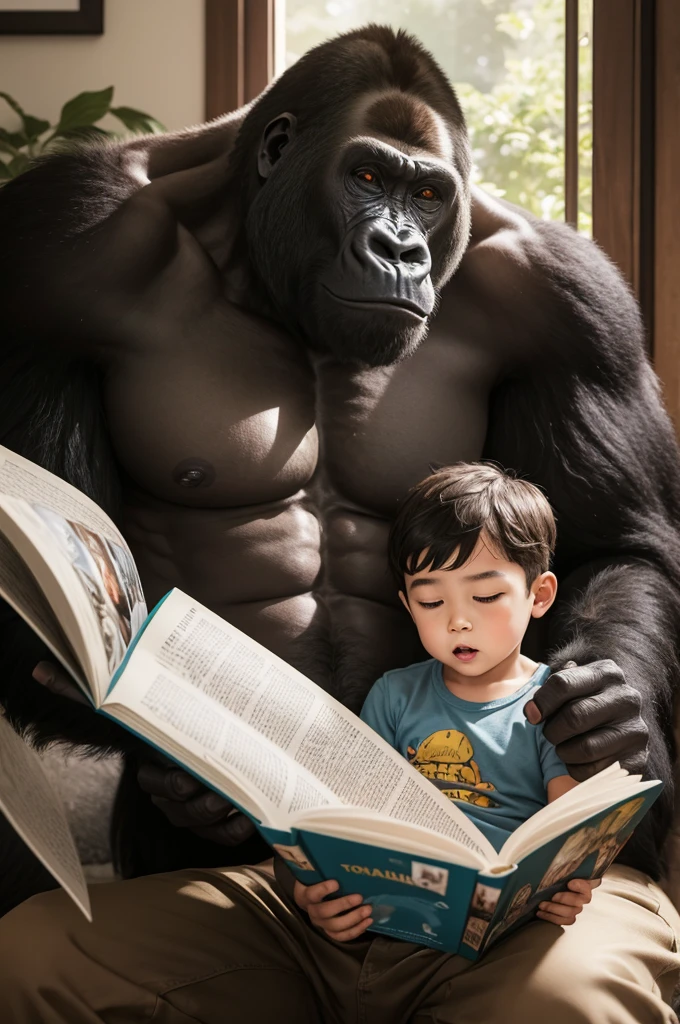 A father and son reading a book together when suddenly a gorilla arrives and attacks them