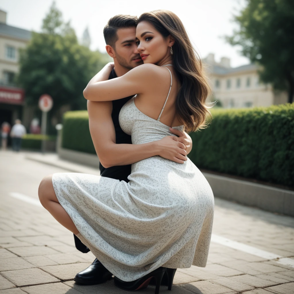 woman squatting on her knees in a maxi dress, body hugging long dress, rear view angle fully