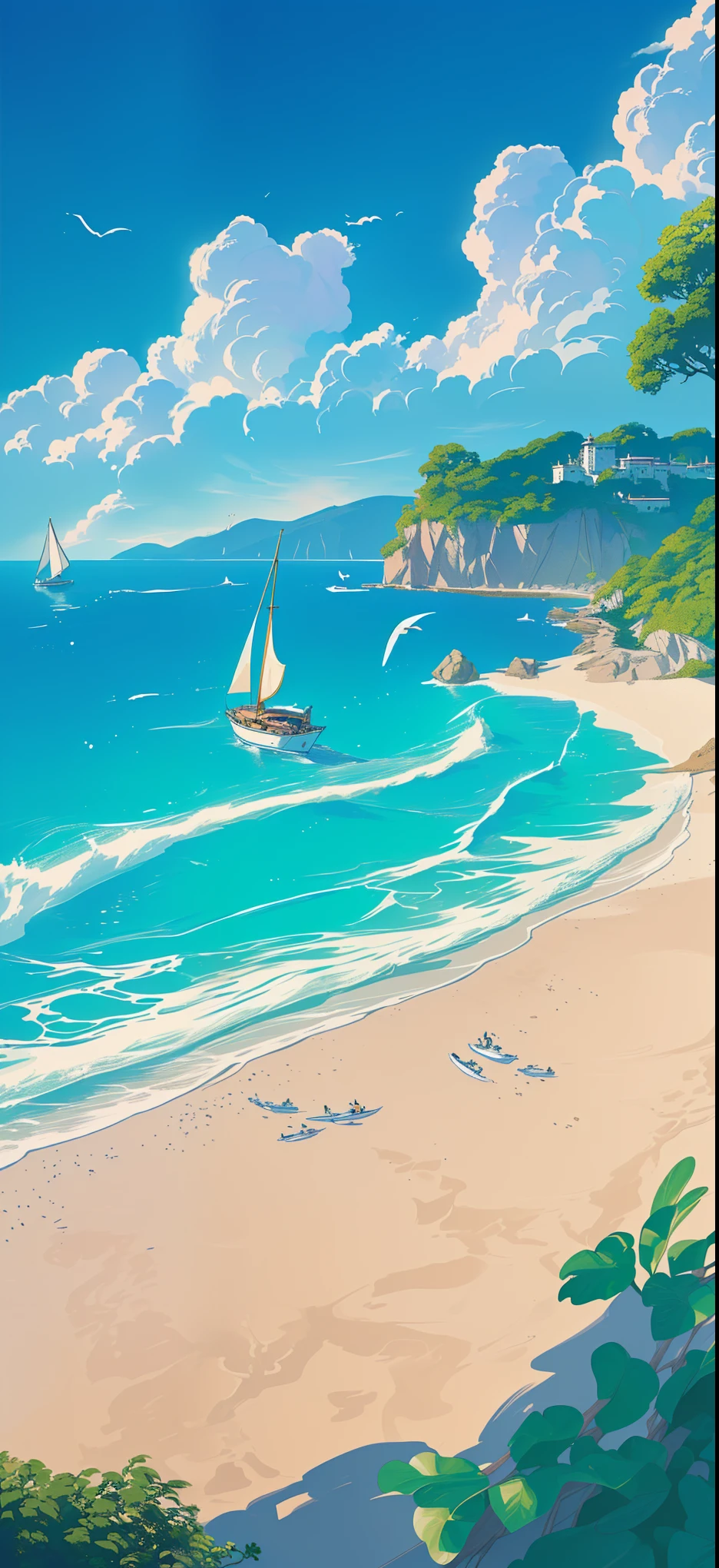 (masterpiece, top quality, best quality, Extremely detailed details, official art, Light Effect, Beauty and aesthetics: 1.2),There is a painting,The painting is about the beach,There is a sailboat on the water, Stylized digital illustration, A beautiful artistic illustration, highly Detailed numbers, Yoshihiko Wada, very Detailed numbers, Blue Sea. author:Shinkai Makoto, author:Nobutada Yanagawa, Detailed numbers, Beautiful digital illustrations, Shinkai Makoto 西里尔·罗兰多