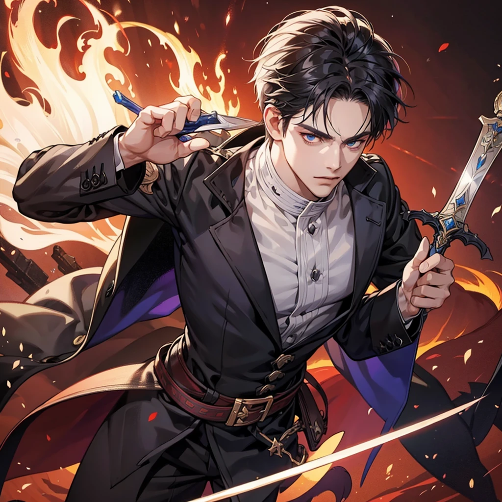 1 handsome magician, manly, handsome, sword, flame, demon slayer, 8k, hd, unreal engine,