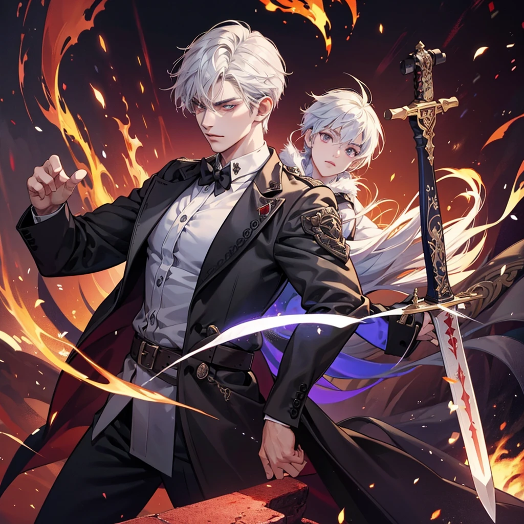 1 handsome magician, manly, handsome, sword, flame, demon slayer, 8k, hd, unreal engine,