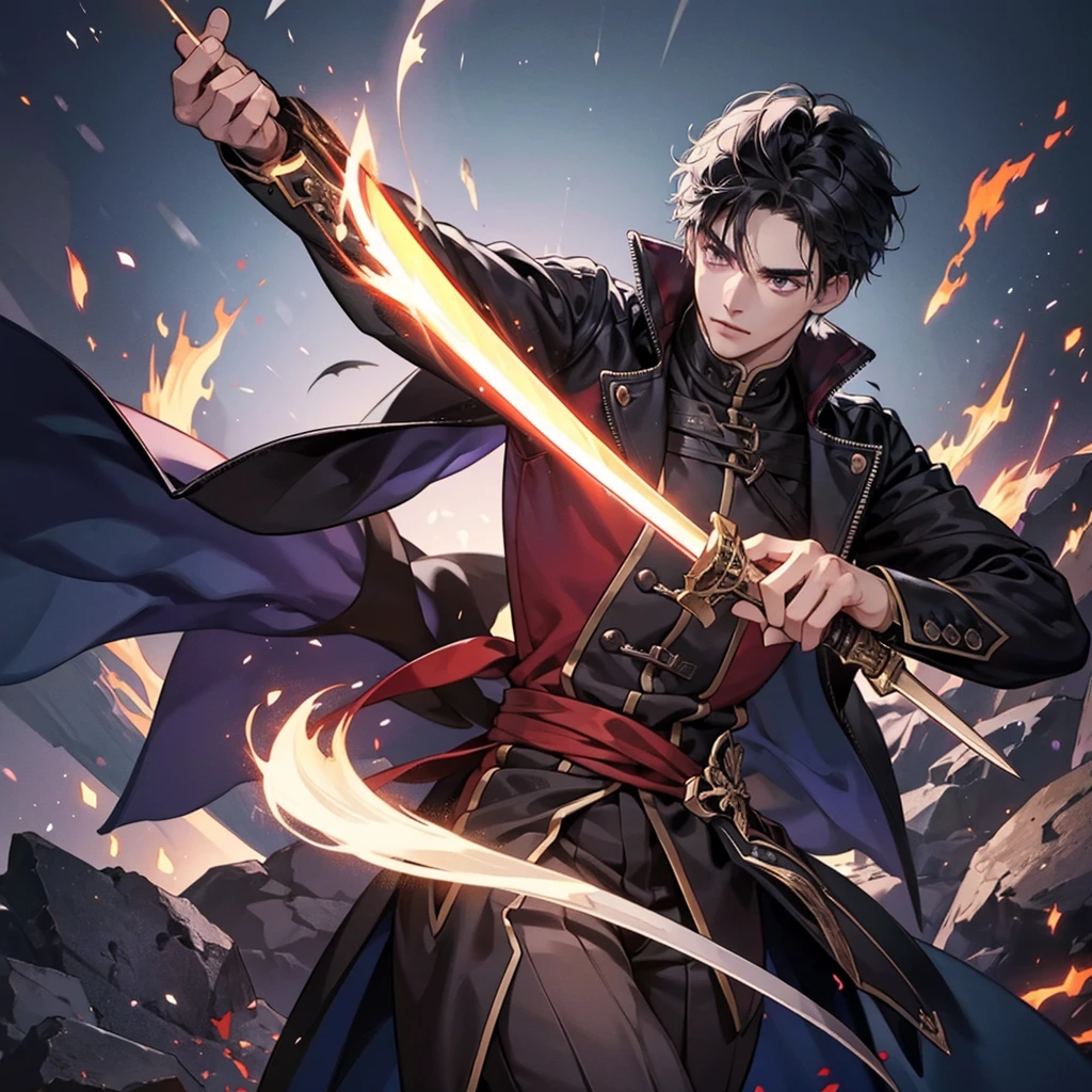 1 handsome magician, manly, handsome, sword, flame, demon slayer, 8k, hd, unreal engine,
