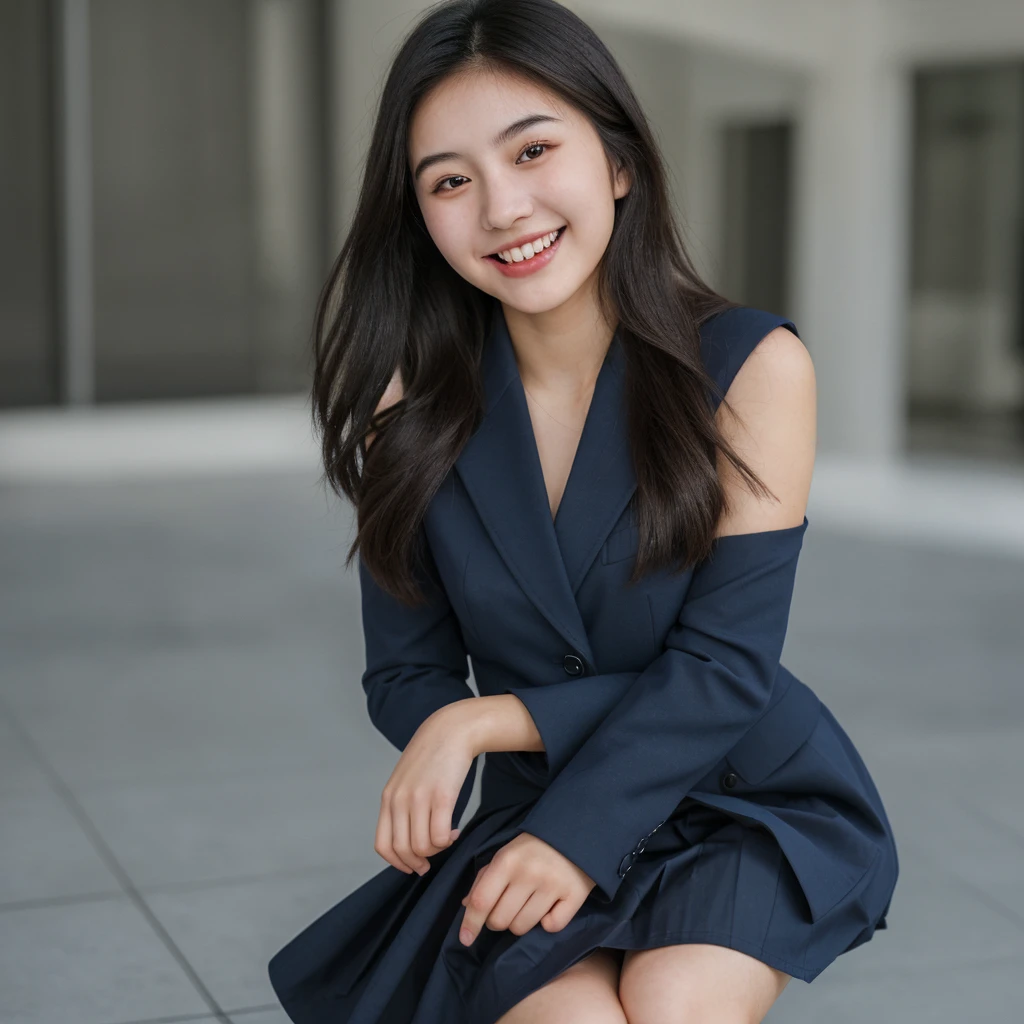 A beautiful 18 year old Asian girl. Caucasian skin, dark hair and brown eyes. Wearing a navy blue suit and skirt. She is smiling beautifully. 8k. uhd. Hyper-realistic.