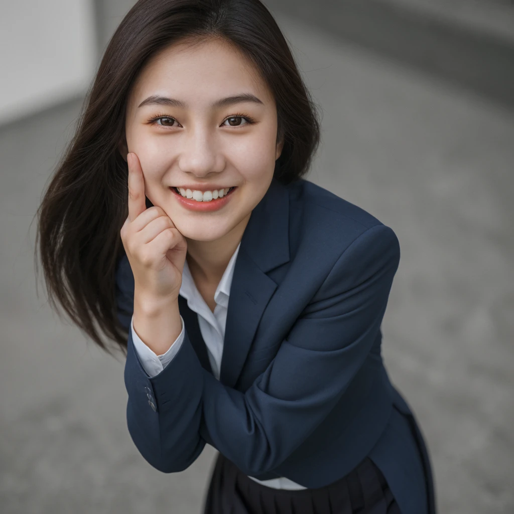 A beautiful 18 year old Asian girl. Caucasian skin, dark hair and brown eyes. Wearing a navy blue suit and skirt. She is smiling beautifully. 8k. uhd. Hyper-realistic.
