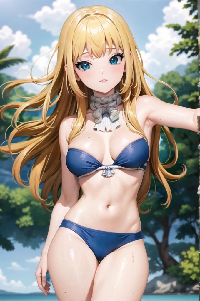 ((Best quality, high quality, a high resolution)), This, 1 girl, One, bare shoulders, in a blue bra, in a blue bikini, Long legs, sexuality, sweating, Armpits, sea, wound, Sun, looks at the viewer, Close-up