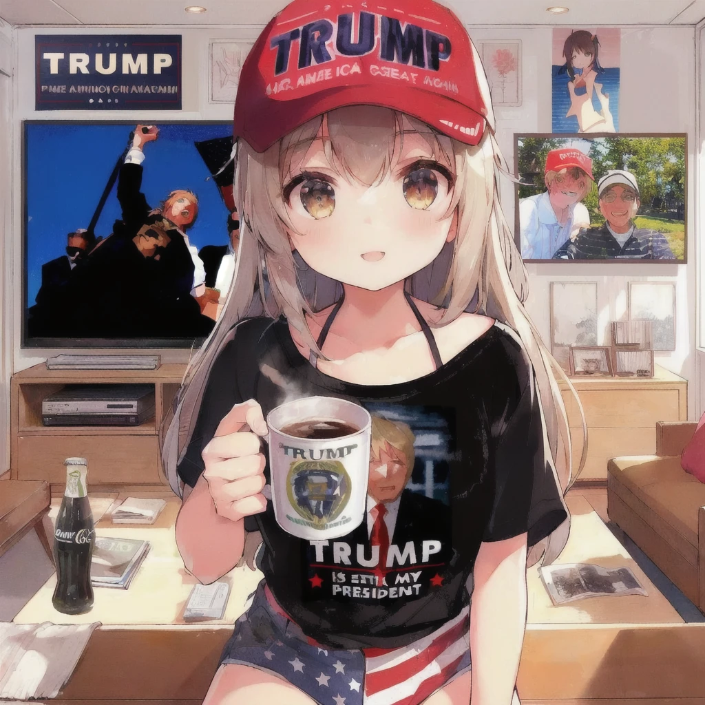 トランプシャツを着てコーヒーカップを持っているanimeの女の子, Open Mouth Smile,Trump hat,LCD TV,poster on wall,Cola bottle on table,trending on Pixiv, wife, everyone, future!!, trending on artstation Pixiv, Pixiv trending, popular on Pixiv, Official artwork, president, By Yuumei, 80年代のanimeスタイル,anime trending artwork, Pixiv, anime!!!!!!!!!!!!!!!, at Pixiv