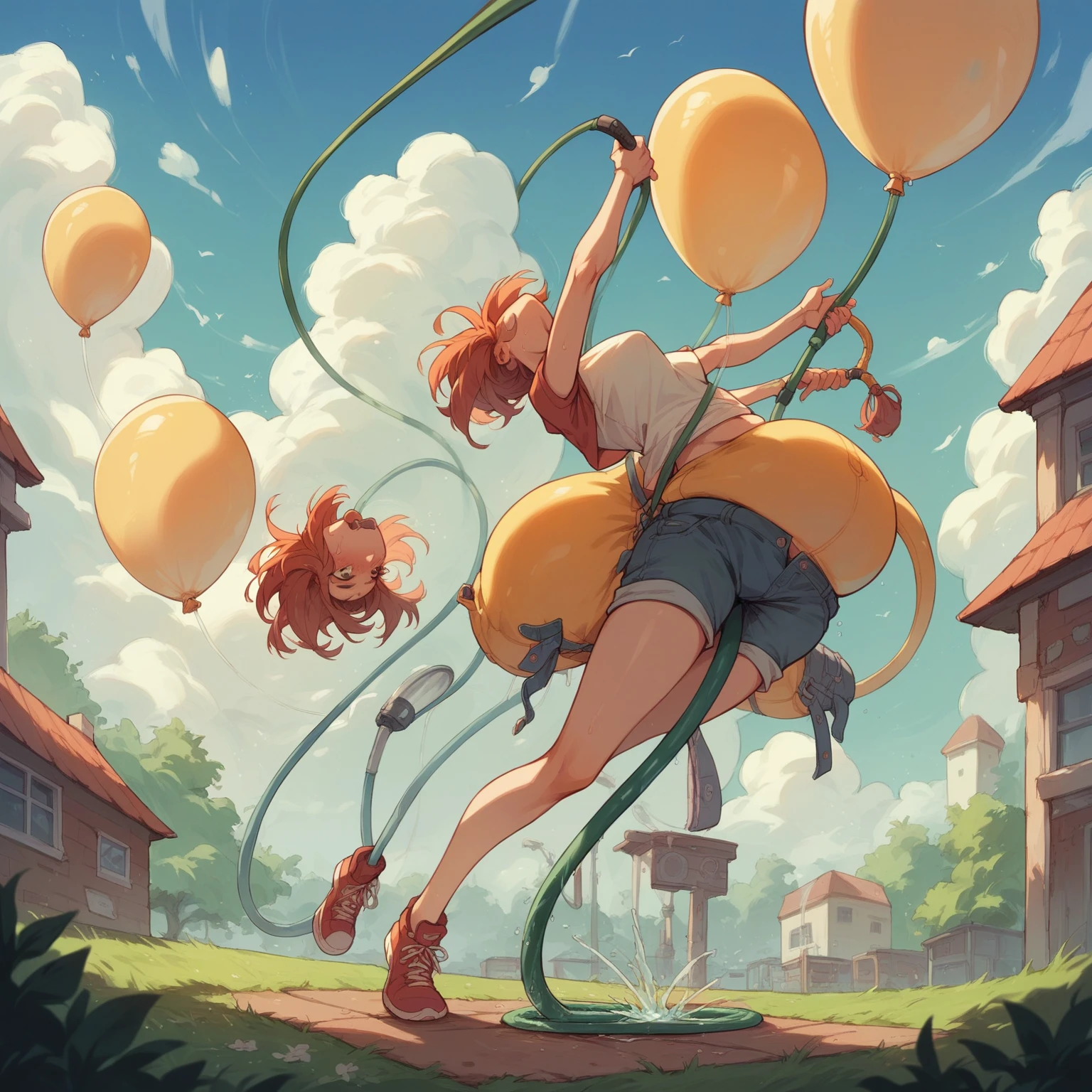 A girl with her belly and breasts being inflated like a giant balloon with a hose