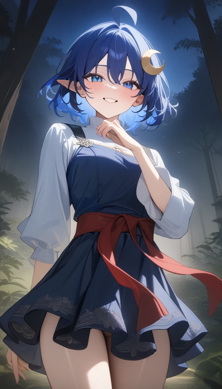 1girl, RENA LANFORD, 1GIRL, AHOGE, BLUE HAIR, SHORT HAIR, BLUE EYES, POINTY EARS
CRESCENT HAIR ORNAMENT, RED CAPE, BLUE VEST, LEATHER ARMOR, RED RIBBON, WAIST RIBBON, BLUE SKIRT, MINISKIRT, SHOES, BREAK kawaii, smile, cowboy shot, own hands clasped, forest, night, lightning bug, light particle, BREAK detailed face, smooth skin, cinematic lighting, volumetric shadow, BREAK (masterpiece:1.2), (best quality:1.2), (very aesthetic:1.2), (absurdres:1.2), (detailed background), newest, (intricate:1.2), 