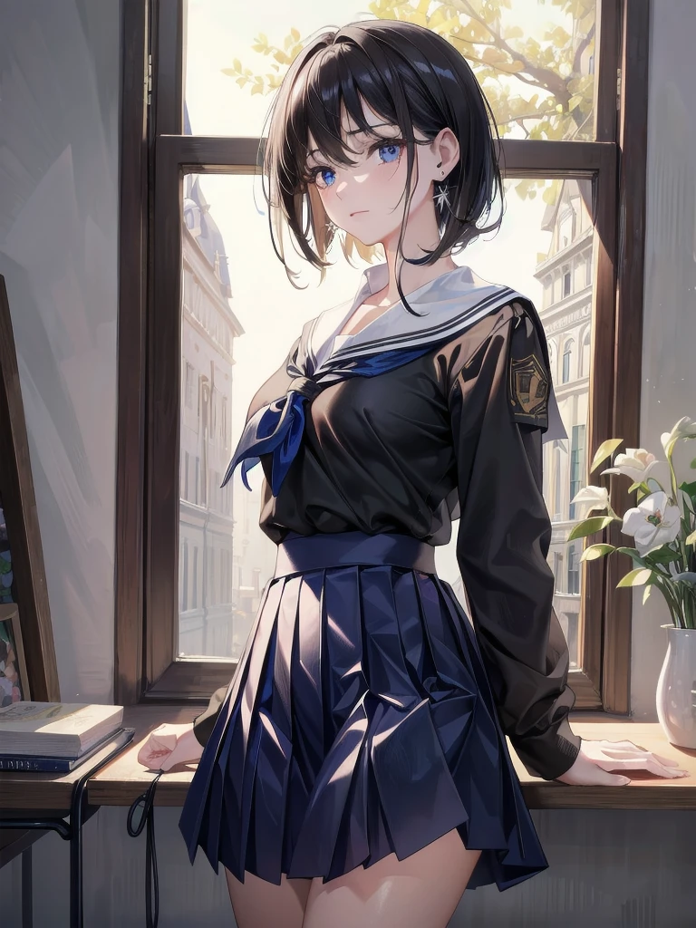absurdres, RAW photo, extremely delicate and beautiful, masterpiece, Best Quality, ultra high resolution, 32k, hyperrealistic, ultra-detailed, tearful mole, earring, medium breasts, whole body shot, medium hair, asymmetrical hair, ((school_uniform)), short skirt,