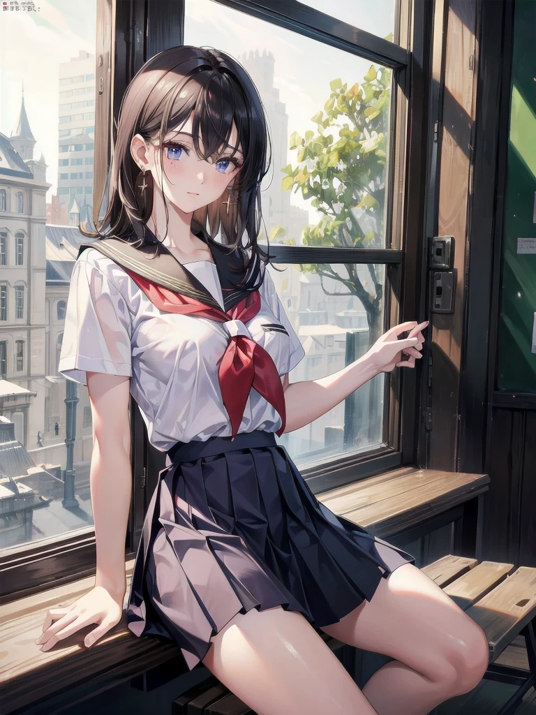 absurdres, RAW photo, extremely delicate and beautiful, masterpiece, Best Quality, ultra high resolution, 32k, hyperrealistic, ultra-detailed, tearful mole, earring, medium breasts, whole body shot, medium hair, asymmetrical hair, ((school_uniform)), short skirt,