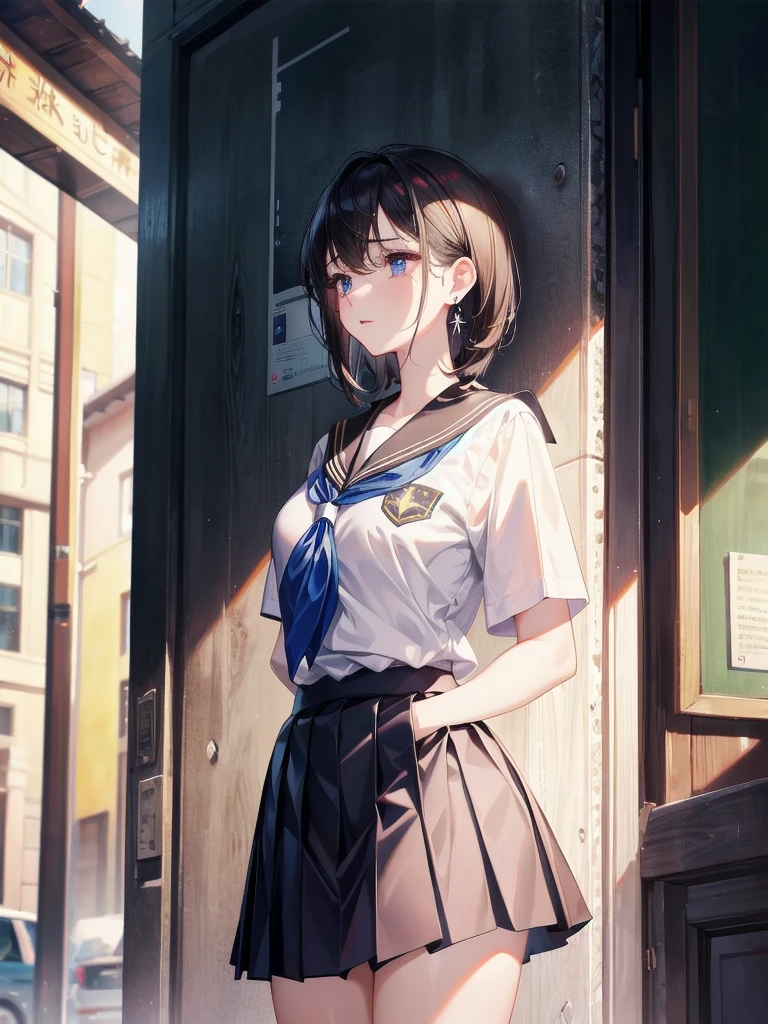 absurdres, RAW photo, extremely delicate and beautiful, masterpiece, Best Quality, ultra high resolution, 32k, hyperrealistic, ultra-detailed, tearful mole, earring, medium breasts, whole body shot, medium hair, asymmetrical hair, ((school_uniform)), short skirt,
