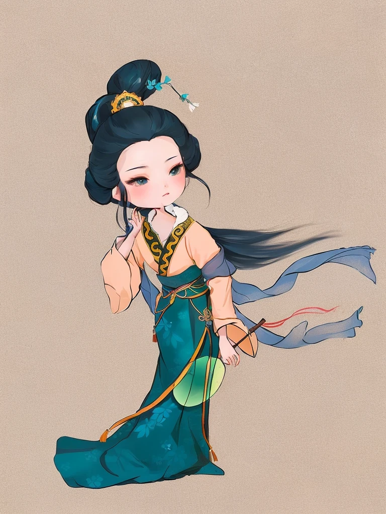 A girl in a turquoise costume、Long hair girl cartoon, Girl wearing Hanfu,Ancient costume girl wearing a hairpin，Flowing long hair， ancient Chinese Princess, Chinese Princess, Inspired by Du Qiong, Ancient Dynasty Princess, Ancient Chinese Goddess, Ancient Chinese beauties,, Wearing Chinese clothes, Beautiful character painting, Chinese Art Style，Hand drawn ancient costume girl，4K，8k，Ultra-detailed hand-painted，Clear and detailed hand drawing