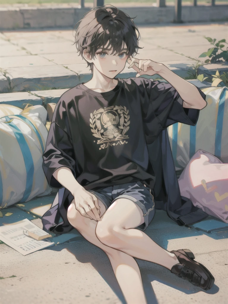 young small boy sit, fll body, shorts, t shirt, shoes