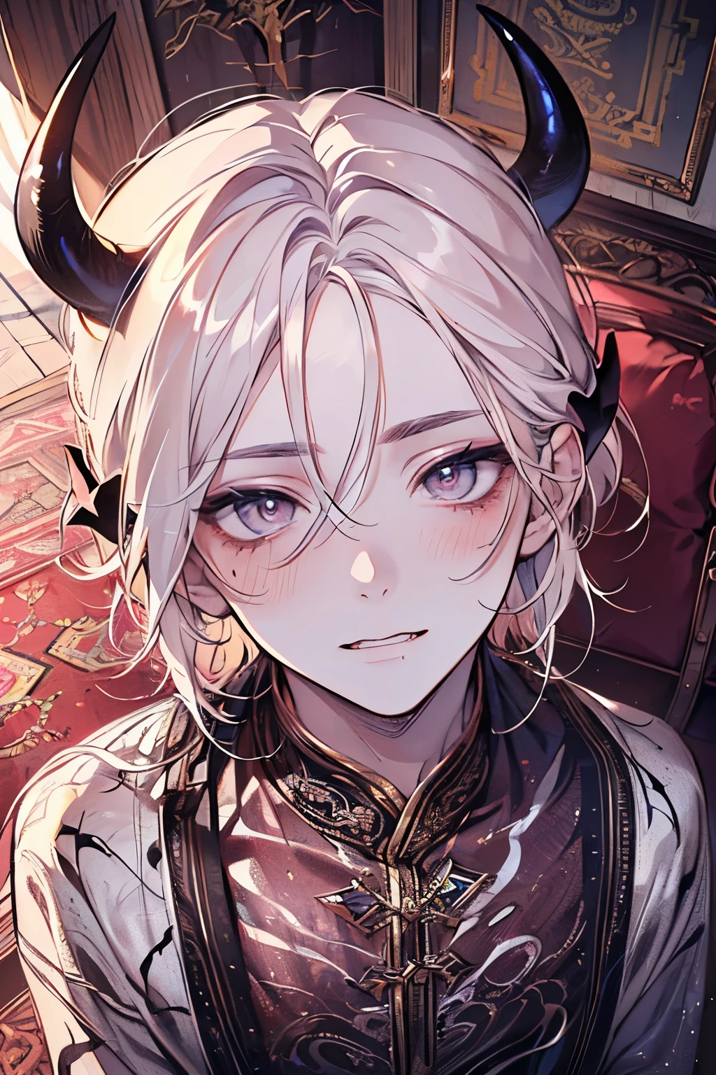 ,(((male:1.3))),((lightning hair:1.3)),(Shiny marble eyes:1.45),(forehead mark),(NSFW:1.15),((Devil horns:1.2)),(A rous, soft face:1.4),((blush、Excited face:1.2)),(Looking up:1.5),((Sexyom:1.25)),((Gorgeous Arabian costume:1.3)),(hand to own cheek:1.2)