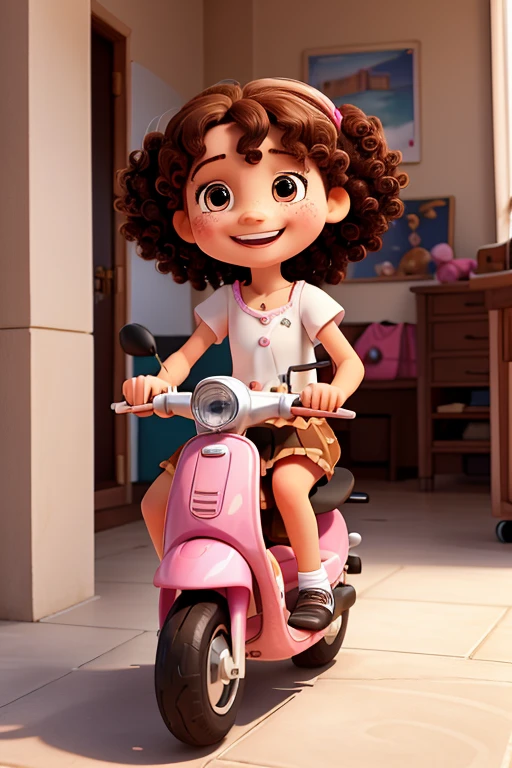 a photo of dodora carinss, a 7  girl, happy and smiling, white with freckles, with shoulder-length brown curly hair, brown eyes, pink blouse, black pants, white sneakers, riding a scooter