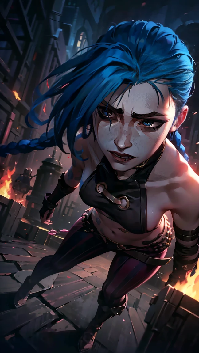 (masterpiece, Best quality), 1 girl, portrait, very sexy, crazy look, smile, crying, pink tears, tears on the cheeks, tears from eyes, full length (full body 1.1.), очень feminine, fighting stance, battle, fire, explosions, burning city, beautiful waist, gloomy composition, flame, fire, Flash, very beautiful, feminine, long hair, hair braided in long braids, very sexy, tight leather pants, emphasis on the eyes, emphasis on the face, Beautiful face, hands, hair, haired ponytail, red purple eyes, Джинкс crying, Blue cloud tattoo, (masterpiece, Best quality), Side lighting, beautiful detailed eyes, crazy face), (Best quality), (masterpiece), magic photography, Spectacular lighting, photorealism, ultra detailed, интимная portraitная композиция, 1. 4,8 K UHD, aesthetic, Cd., a high resolution, 8 K, Better lighting, Best shade, Ultra-HD, a high resolution, Sharp Focus, complex background, cinematic lighting, ((Landscape view)), 4K block, (Better lighting), ((cinematic lighting)),