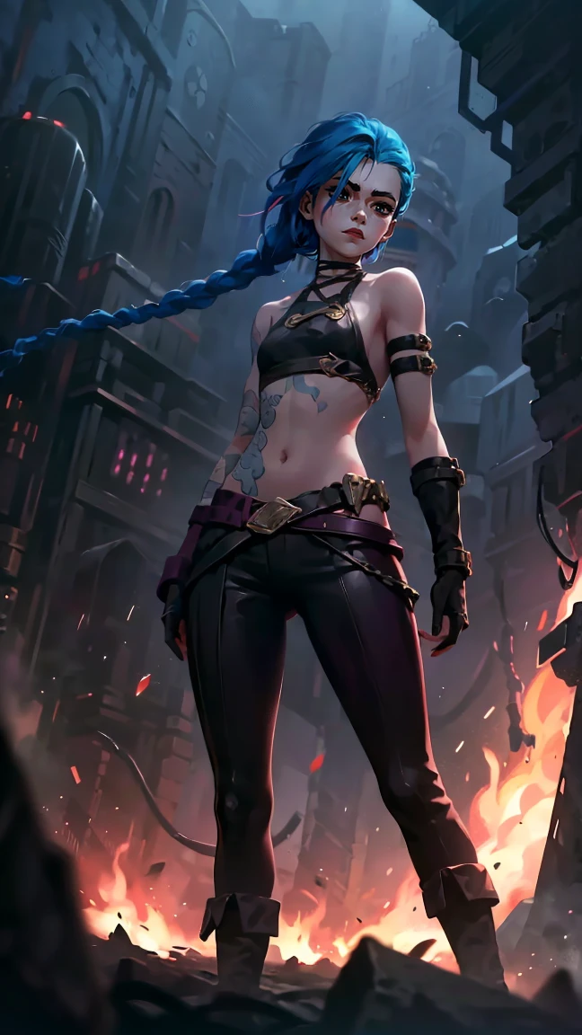 (masterpiece, Best quality), 1 girl, portrait, very sexy, crazy look, smile, crying, pink tears, tears on the cheeks, tears from eyes, full length (full body 1.1.), очень feminine, fighting stance, battle, fire, explosions, burning city, beautiful waist, gloomy composition, flame, fire, Flash, very beautiful, feminine, long hair, hair braided in long braids, very sexy, tight leather pants, emphasis on the eyes, emphasis on the face, Beautiful face, hands, hair, haired ponytail, red purple eyes, Джинкс crying, Blue cloud tattoo, (masterpiece, Best quality), Side lighting, beautiful detailed eyes, crazy face), (Best quality), (masterpiece), magic photography, Spectacular lighting, photorealism, ultra detailed, интимная portraitная композиция, 1. 4,8 K UHD, aesthetic, Cd., a high resolution, 8 K, Better lighting, Best shade, Ultra-HD, a high resolution, Sharp Focus, complex background, cinematic lighting, ((Landscape view)), 4K block, (Better lighting), ((cinematic lighting)),