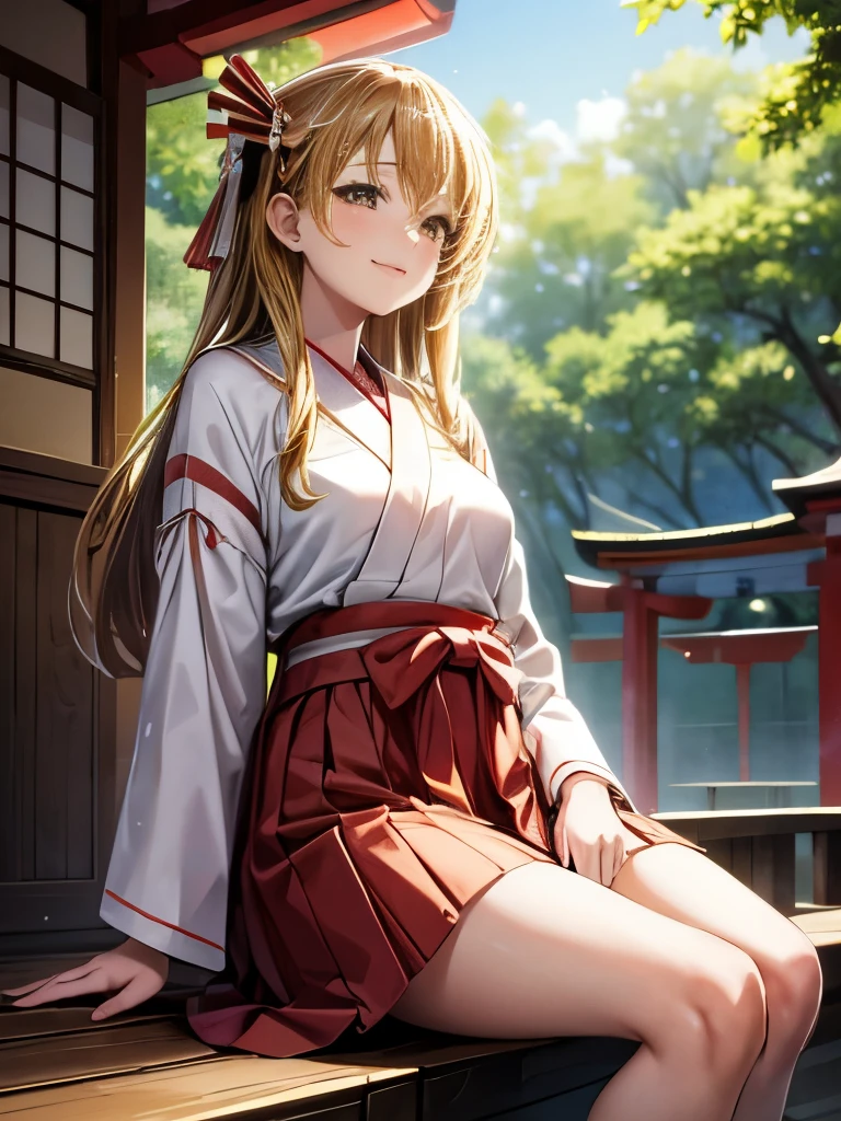 masterpiece, Highest quality, High resolution, Ultra high definition, One girl, Honoka, Shrine maiden, Hakama skirt, Sitting, shrine, smile, Soft lips, 
