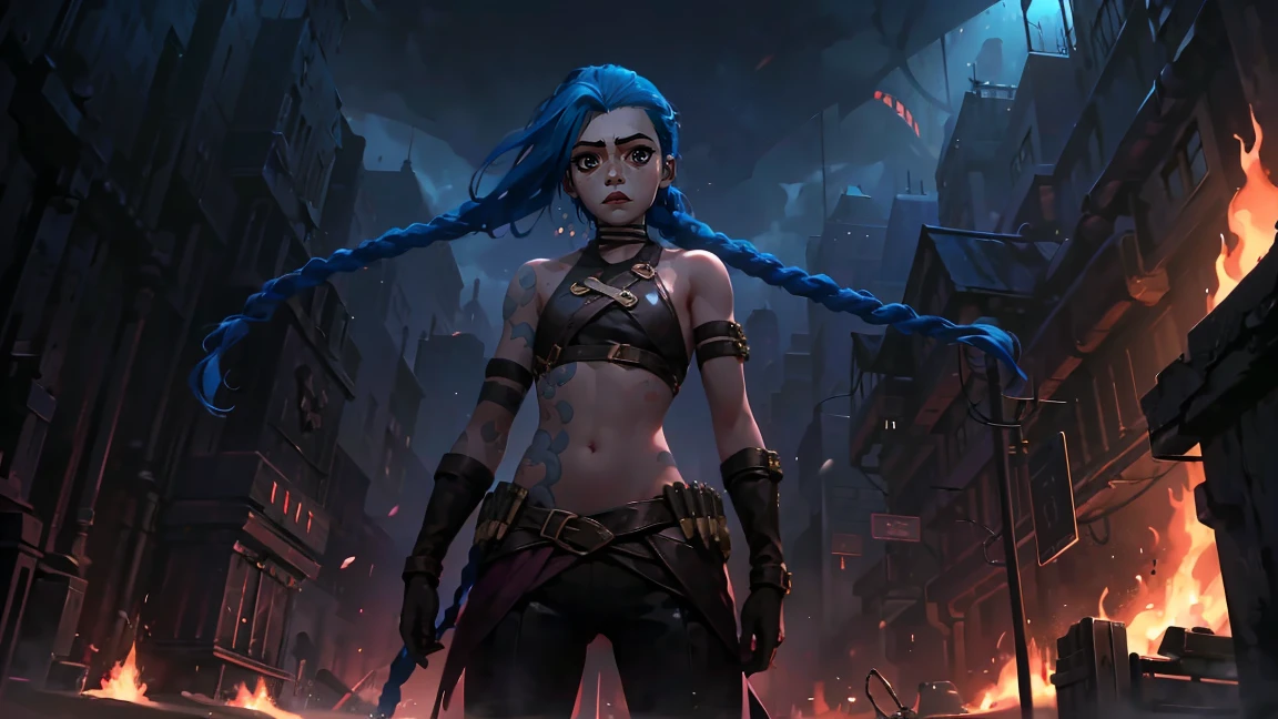 (masterpiece, Best quality), 1 girl, portrait very detailed face,, very sexy, full length (full body 1.1.), crazy look, smile, crying, pink tears, tears on the cheeks, tears from eyes, очень feminine, fighting stance, battle, fire, explosions, burning city, beautiful waist, gloomy composition, flame, fire, Flash, very beautiful, feminine, long hair, hair braided in long braids, very sexy, tight leather pants, emphasis on the eyes, emphasis on the face, Beautiful face, hands, Косаed ponytail, red purple eyes, Джинкс crying, Blue cloud tattoo, (masterpiece, Best quality), Side lighting, beautiful detailed eyes, crazy face), (Best quality), (masterpiece), magic photography, Spectacular lighting, photorealism, ultra detailed, intimate portrait composition, 1. 4,8 K UHD, aesthetic, Cd., a high resolution, 8 K, Better lighting, Best shade, Ultra-HD, a high resolution, Sharp Focus, complex background, cinematic lighting, ((Landscape view)), 4K block, (Better lighting), ((cinematic lighting)),