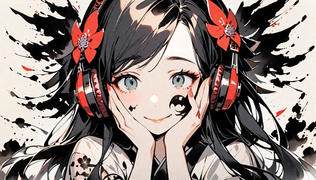 ((Ink Painting)), (((1 girl))), (((Tattoo on face))), (((Gorgeous hair accessories))), Japanese style headphones, face close-up, Japanese beautiful girl, Black Hair, Put your hands on your face, smile, Small devil, Droopy eyes