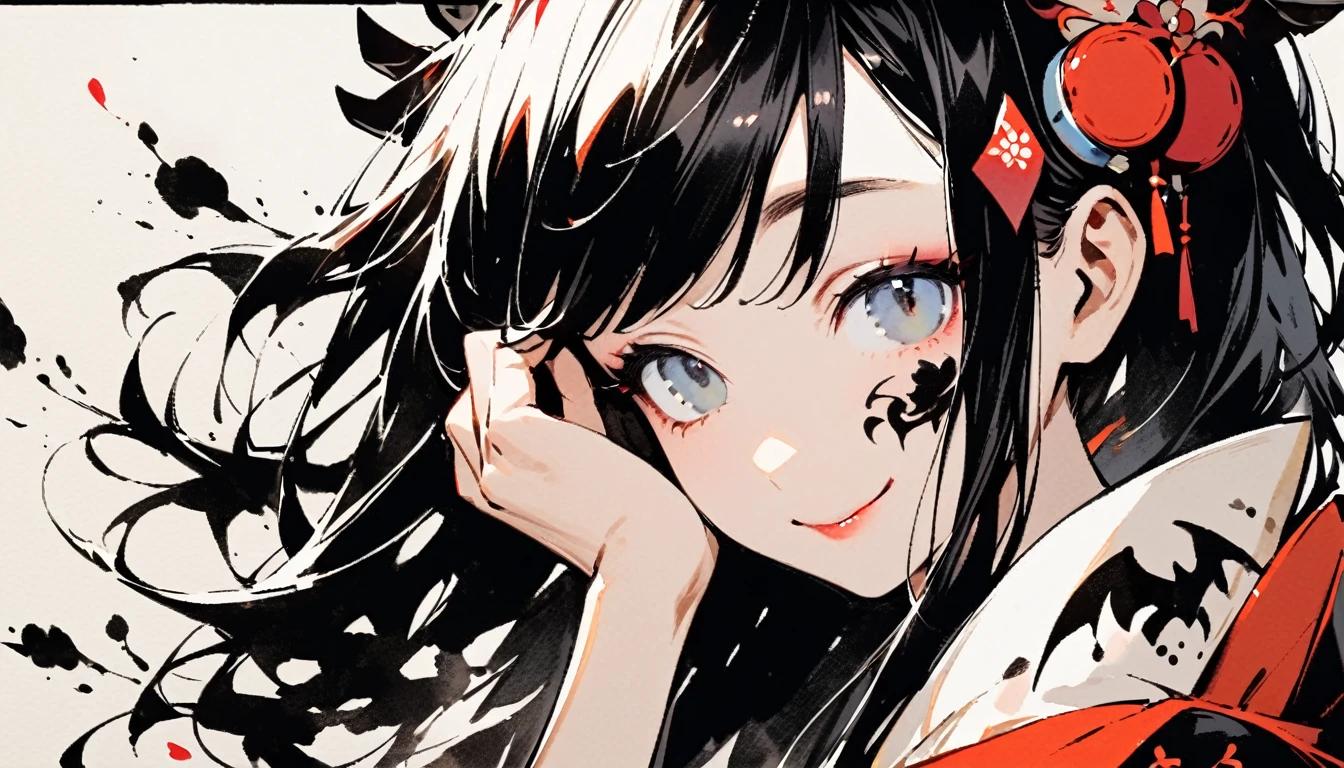 ((Ink Painting)), (((1 girl))), (((Tattoo on face))), (((Gorgeous hair accessories))), Japanese style headphones, face close-up, Japanese beautiful girl, Black Hair, Put your hands on your face, smile, Small devil, Droopy eyes