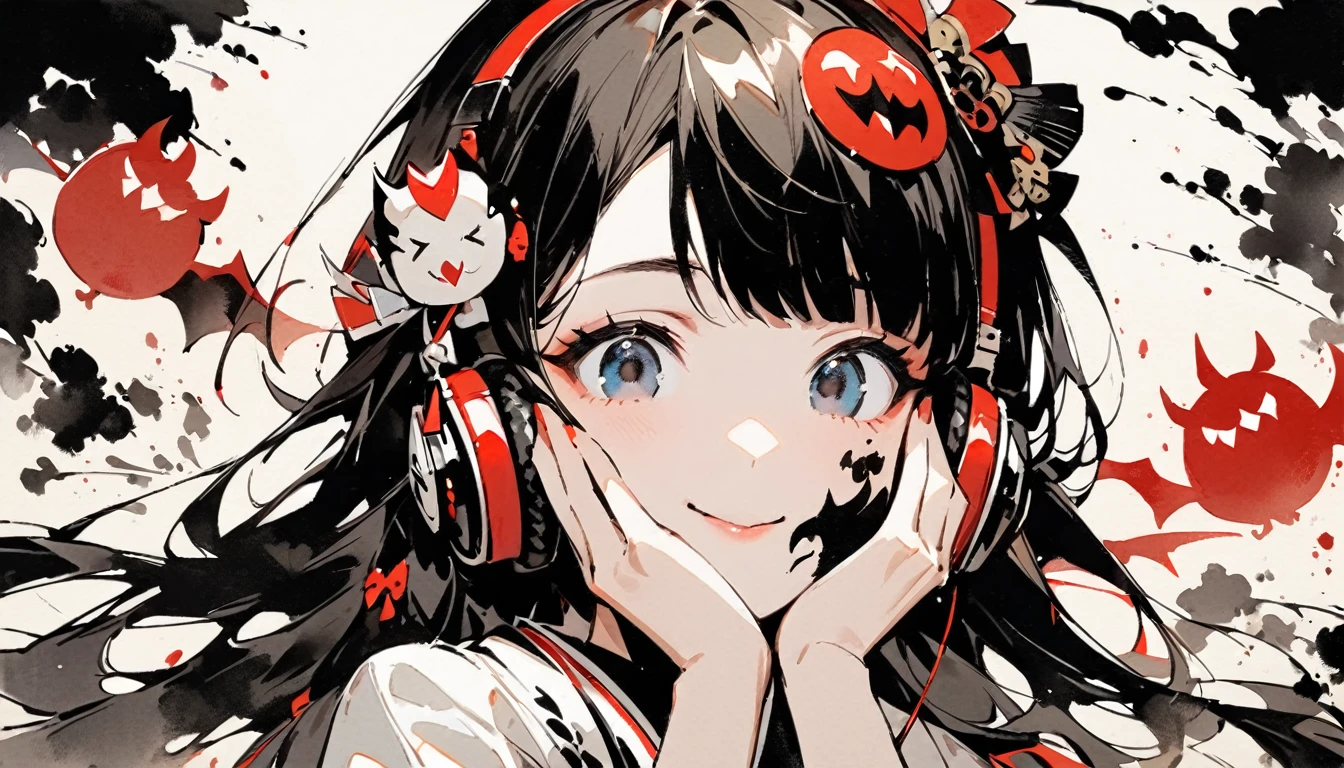 ((Ink Painting)), (((1 girl))), (((Tattoo on face))), (((Gorgeous hair accessories))), Japanese style headphones, face close-up, Japanese beautiful girl, Black Hair, Put your hands on your face, smile, Small devil, Droopy eyes