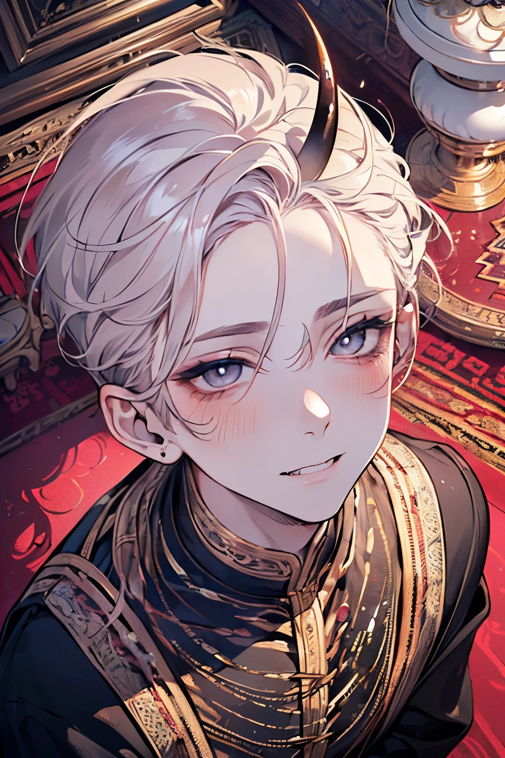 ,(((male:1.3))),((lightning hair:1.3)),(Shiny marble eyes:1.45),(forehead mark),(NSFW:1.15),((Devil horns:1.2)),(A lustrous, soft face:1.4),((blush、Excited face:1.2)),(Looking up:1.5),((Sexy room:1.25)),((Gorgeous Arabian costume:1.3)),(hand to own cheek:1.2)