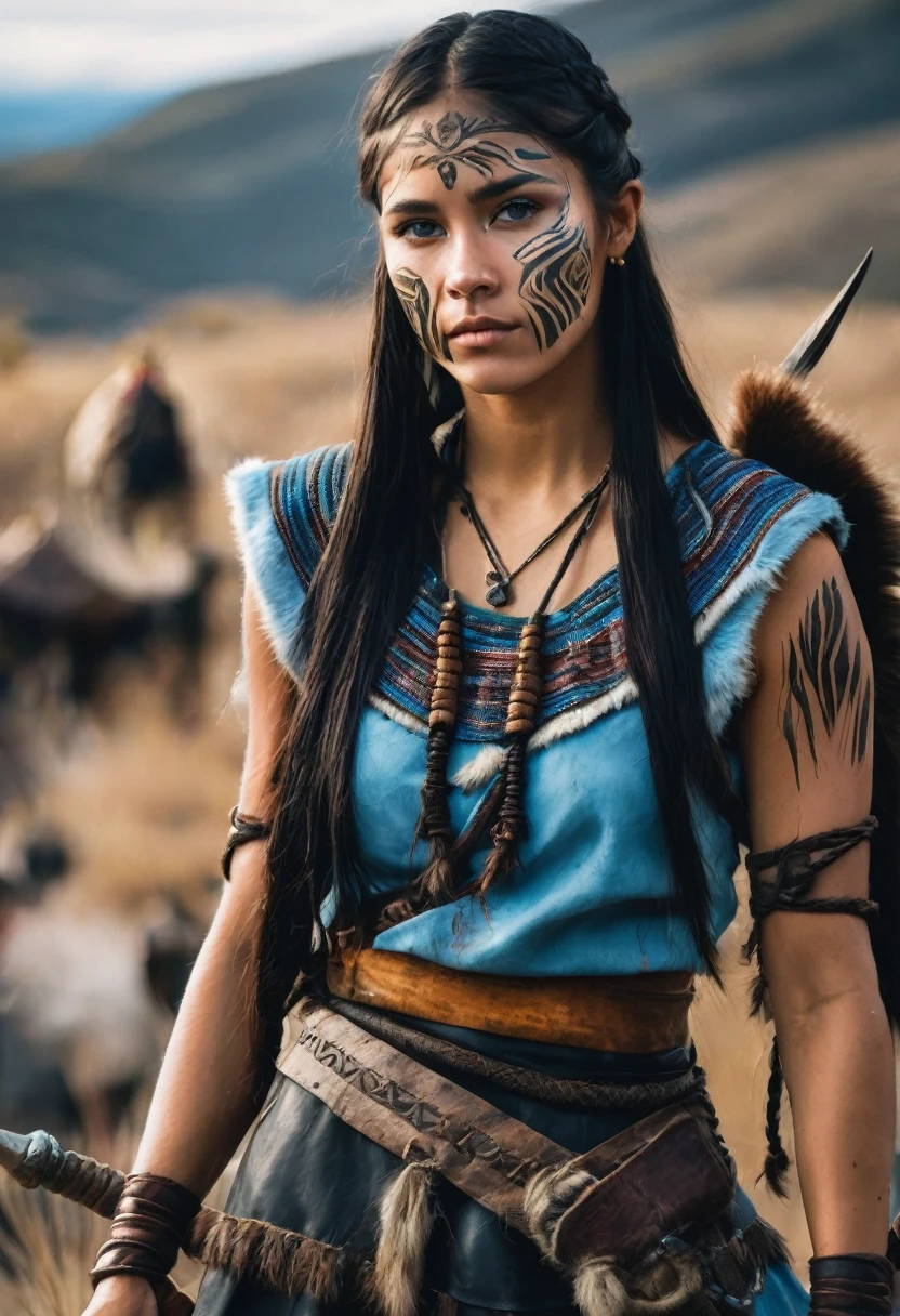 I want you to create a character. She is a young 25-year-old woman with the typical characteristics of the Apache people. Her long, straight black hair, which is braided, frames a face with tanned skin, common among her people. His light blue eyes contrast with the color of his skin, creating a penetrating and expressive look. She wears a traditional Viking outfit, with black leather and her face is painted with battle paint, she is a warrior.