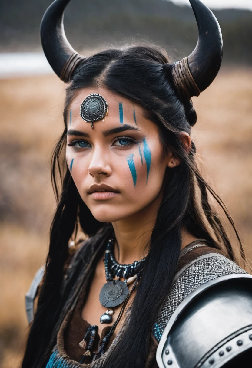 I want you to create a character. She is a young 25-year-old woman with the typical characteristics of the Apache people. Her long, straight black hair, which is braided, frames a face with tanned skin, common among her people. His light blue eyes contrast with the color of his skin, creating a penetrating and expressive look. She wears a traditional Viking outfit, with black leather and her face is painted with battle paint, she is a warrior.