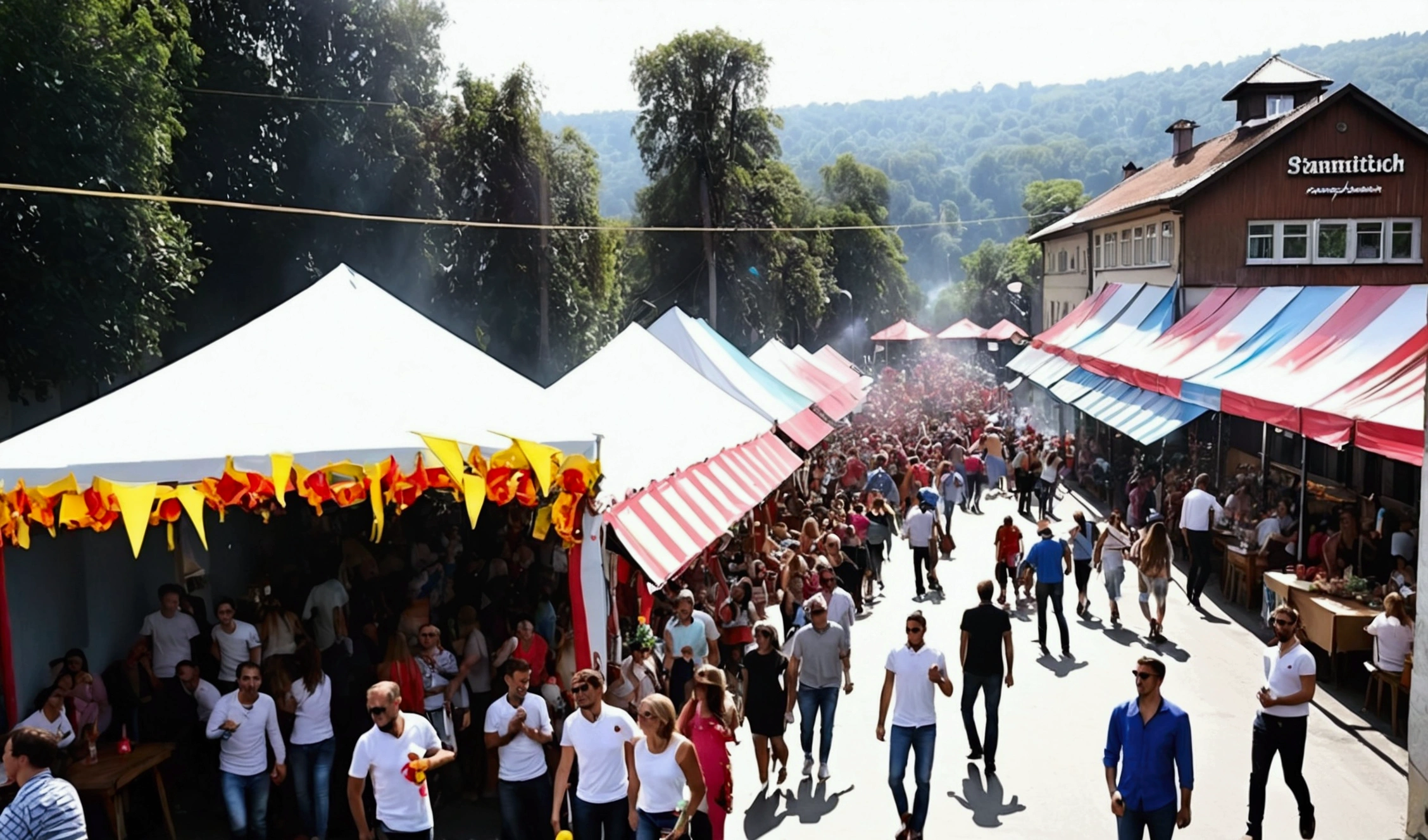 friends at a stammtisch party wearing the same color shirts, drinking and having fun with German decorations and stalls