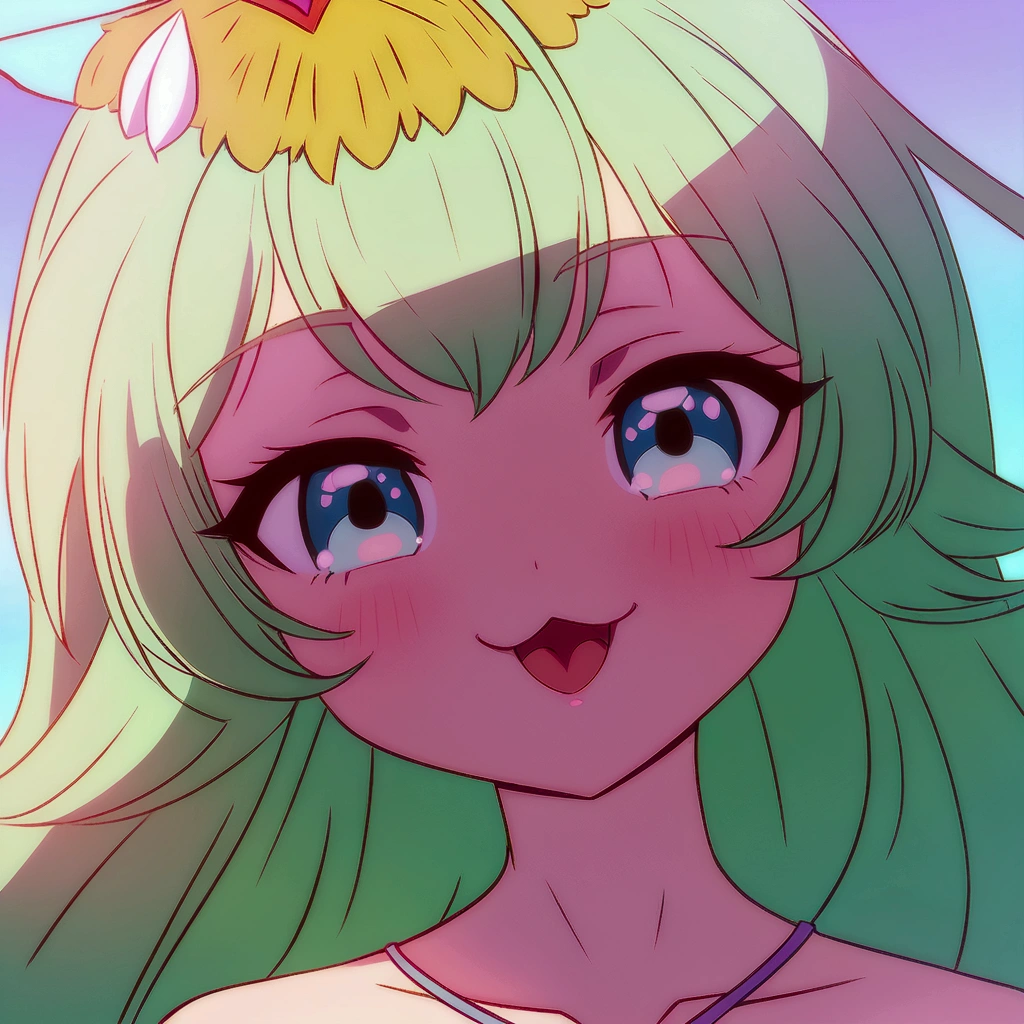 Anime girl with green hair and a crown on her head., Moe anime art style, cara de Ahegao, Ahegao, Kawaii realistic portrait, visual anime of a cute girl, anime style portrait, Retrato onmyoji, cute anime face, anime waifu, ig studios anime style, animated art style, stylized anime, anime art style, high quality anime art style