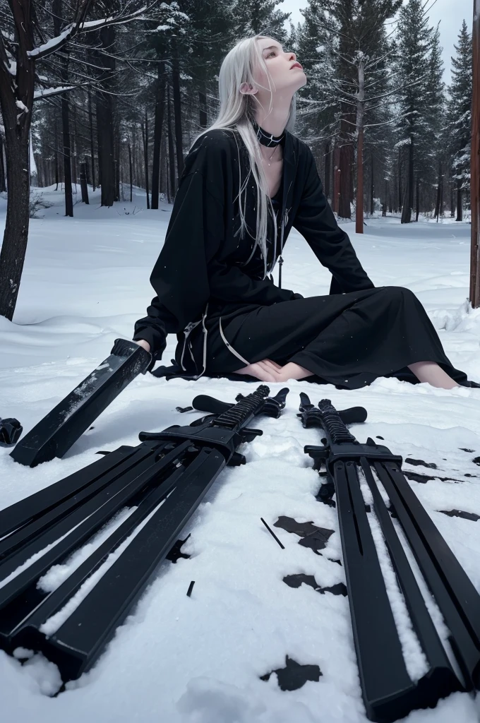 create a tall being, on a bench sitting outdoors, looking up and thinking about why life continues?
since it is easier to die and rest in heaven or in eternal silence, leaving with black clothes and skin as white as snow, leave the colors of red as predominant and blue overshadowed, Blood on the floor, and fallen weapons add skulls, blood and demons
