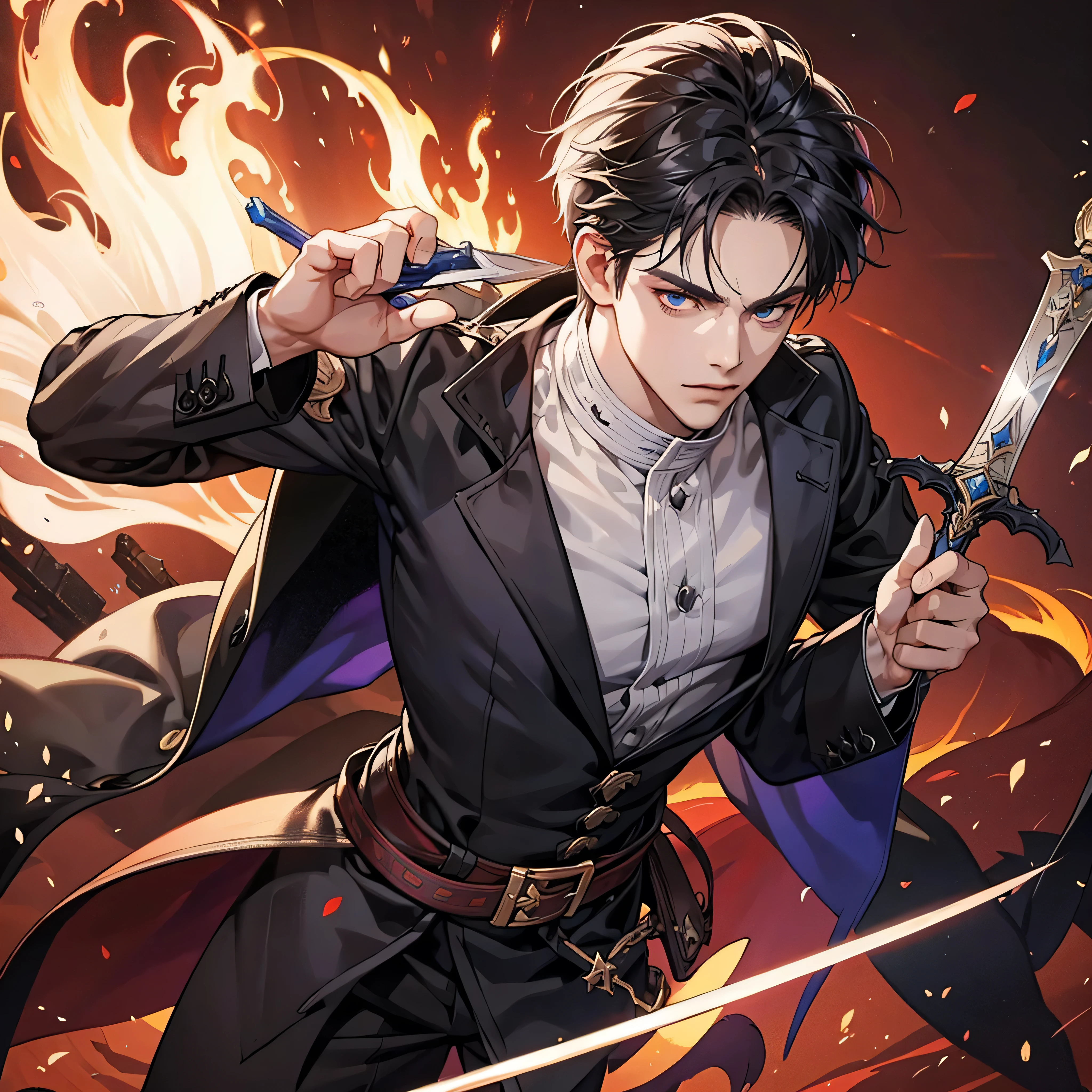 1 handsome magician, manly, handsome, sword, flame, demon slayer, 8k, hd, unreal engine, 