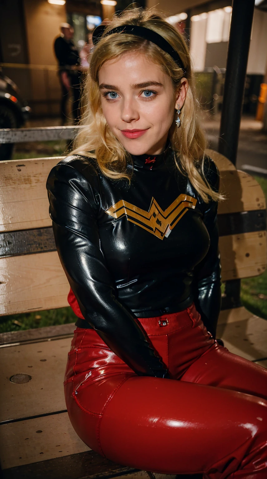 Masterpiece, Best quality, (solo girl), (close portrait), (photorealistic1.4), (epiCRealLife), (flashphoto), (UHD), (young woman), (blonde hair), (blue eyes), (Wondergirl_YJ latex black armor costume), (Wondergirl_YJ black hairband) (long red Wondergirl_YJ sweat pants), (Wondergirl_YJ black costume) (, (outdoor ), (Paris Street), (Eifel Tower), (red jogging pants),  (Kiernan Shipka smile),(sks woman), (pose for picture), (cowboy shots), (different camera angle shots), (sitting on bench)