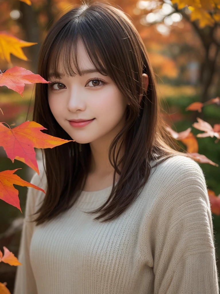 masterpiece, best quality, illustration, ultra-detailed, finely detailed, high resolution, 8K wallpaper, perfect dynamic composition, beautiful detailed eyes, autumn leaves, casual attire, long hair, gentle expression, cute, smile, looking at camera