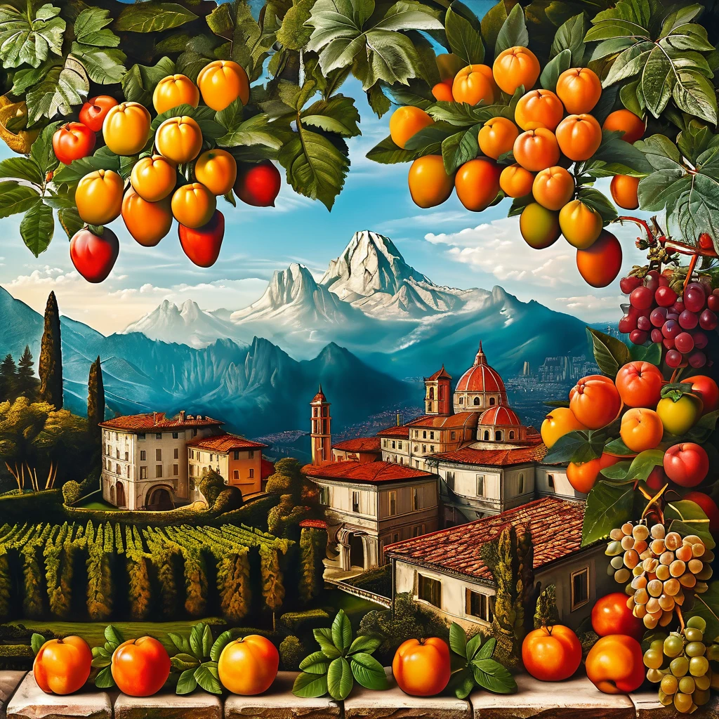 strawberry garden with beautiful mountain landscape background in the style of Michelangelo Buonarroti